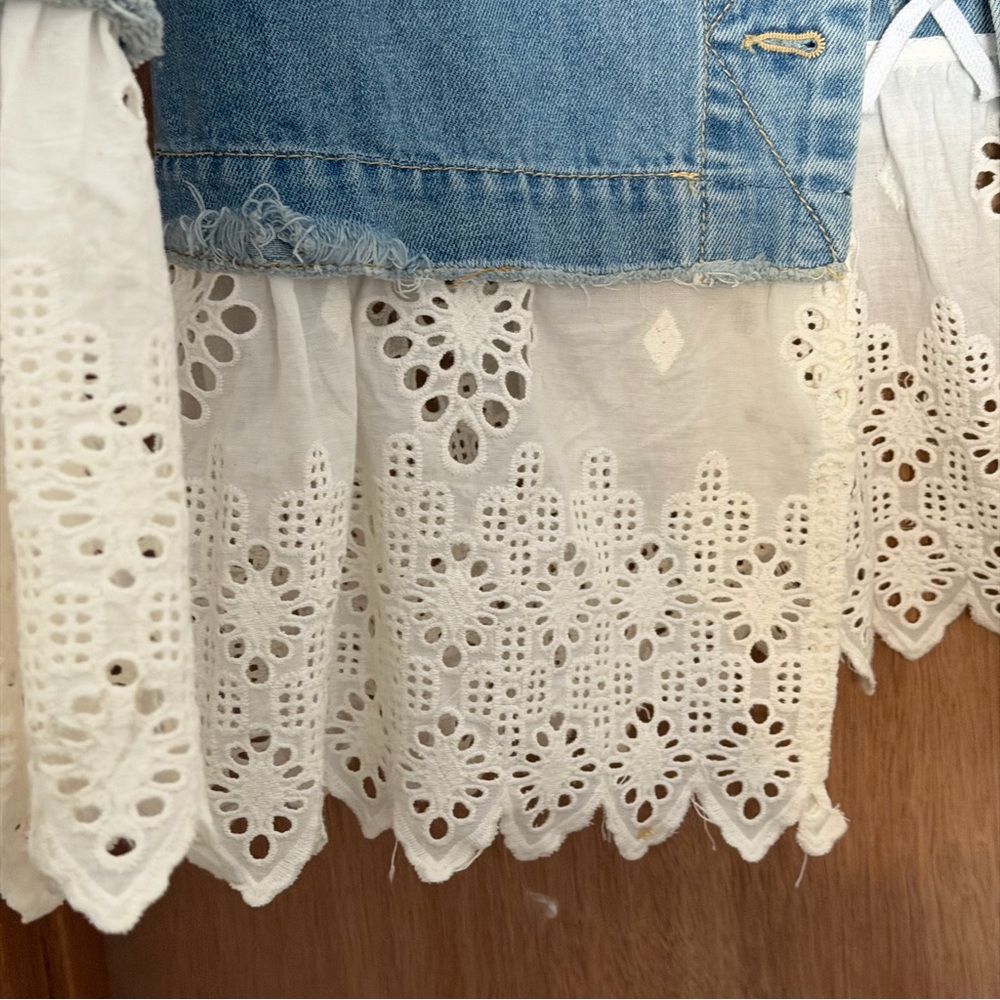 C.C Light Blue Denim with Sunburst Patch medium cottagecore boho white lace - Picture 3 of 7